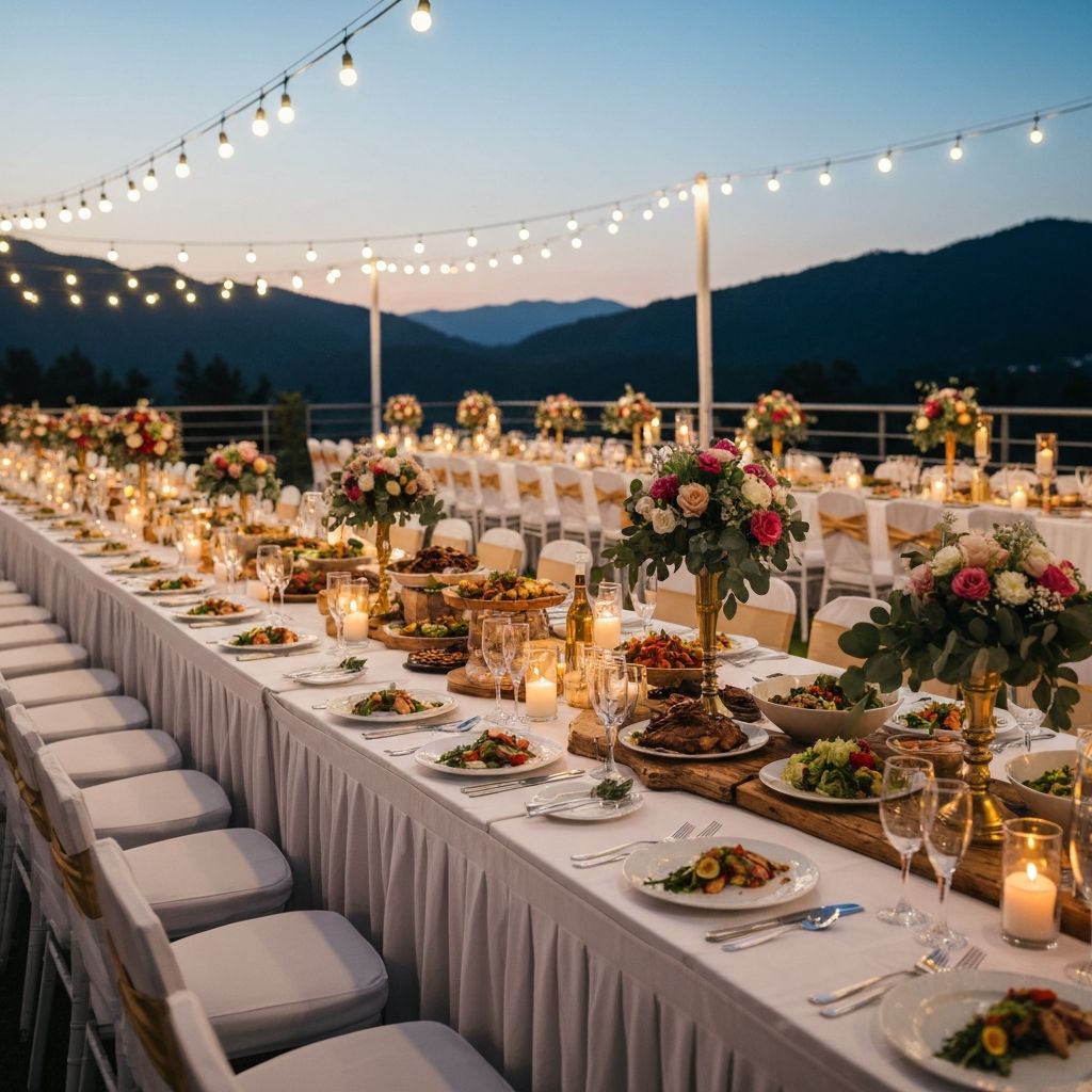 Elegant outdoor wedding reception with BBQ catering buffet